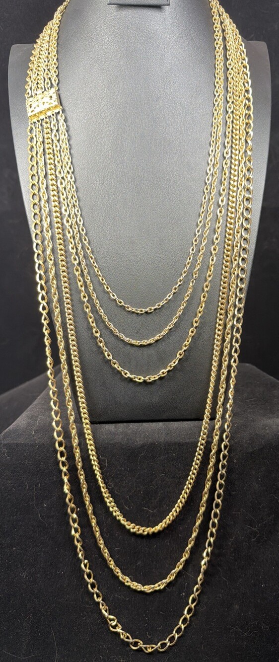 Vintage Multi Strand Gold Tone Layered 6-Chain Necklace Ornate Clasp Set